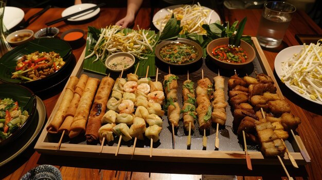 tafel met een verscheidenheid aan Thaise voorgerechten zoals voorjaarsrolletjes satay spijkers en knapperige garnalen cakes perfect voor het delen en proeven
