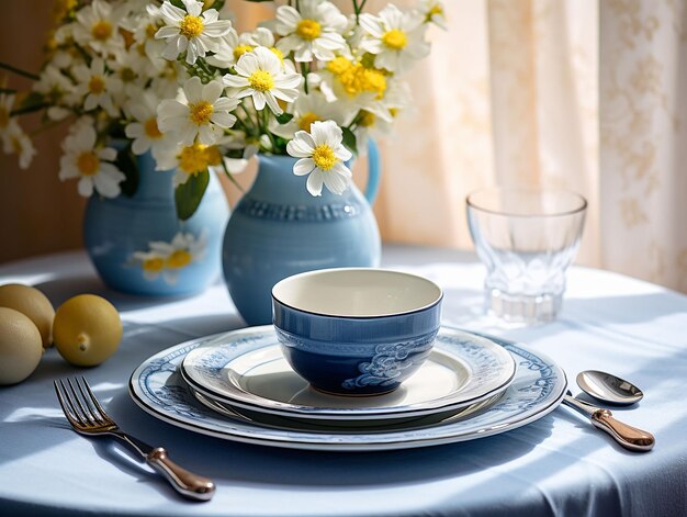 tafel met elegante vaas met bloemen en keramische borden in witblauwe kleuren gegenereerd ai