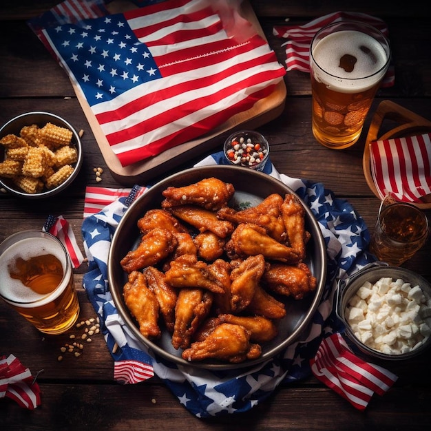 Foto tafel met eten voor de onafhankelijkheidsdag van 4 juli of picknick met kippenvleugels.