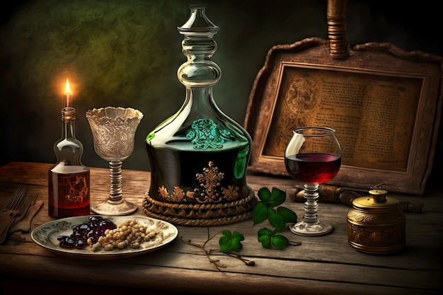 Tafel met glazen en fles alcoholkaraf met wijn