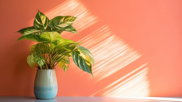 Tafel met plant in vaas tegen muurachtergrond Generatieve AI