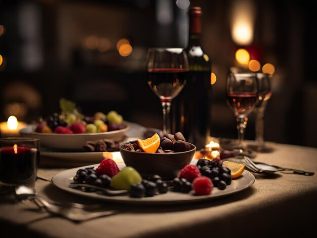 Foto tafel met romantisch diner bij kaarslicht ai gegenereerd