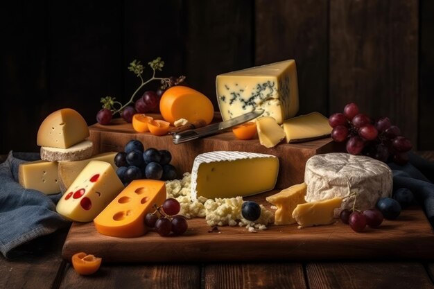 Tafel met verschillende kazen op een houten tafel en zwarte achtergrond