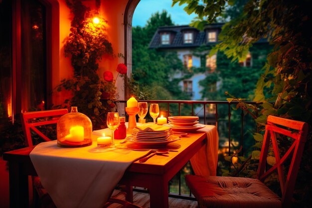 Tafel op het verlichte terras.