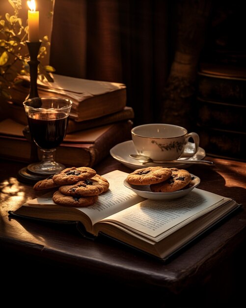 Tafel versierd met koffie en koekjes naast een open boek