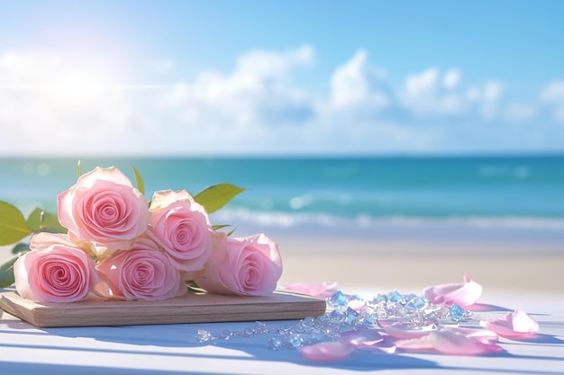 Tafel versierd met roze rozen tegen een schilderachtig strand dat romantiek oproept
