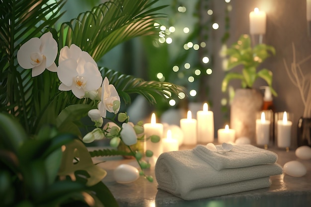 Foto tafel versierd met witte bloemen en kaarsen