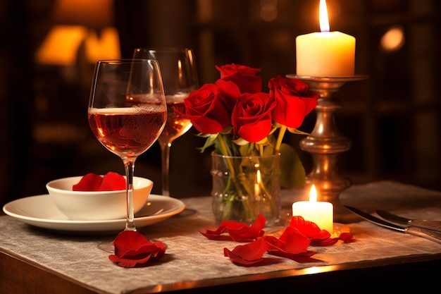 Tafel versierd voor een romantisch diner met twee champagneglasjes boeket rode rozen of kaars