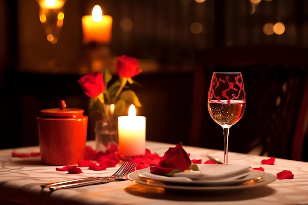 Tafel versierd voor een romantisch diner met twee champagneglasjes boeket rode rozen of kaars