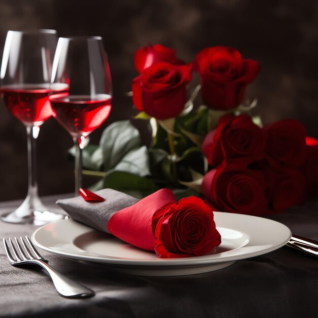 Tafel versierd voor een romantisch diner met twee champagneglasjes boeket rode rozen of kaars