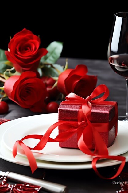 Tafel versierd voor een romantisch diner met twee champagneglasjes boeket rode rozen of kaars