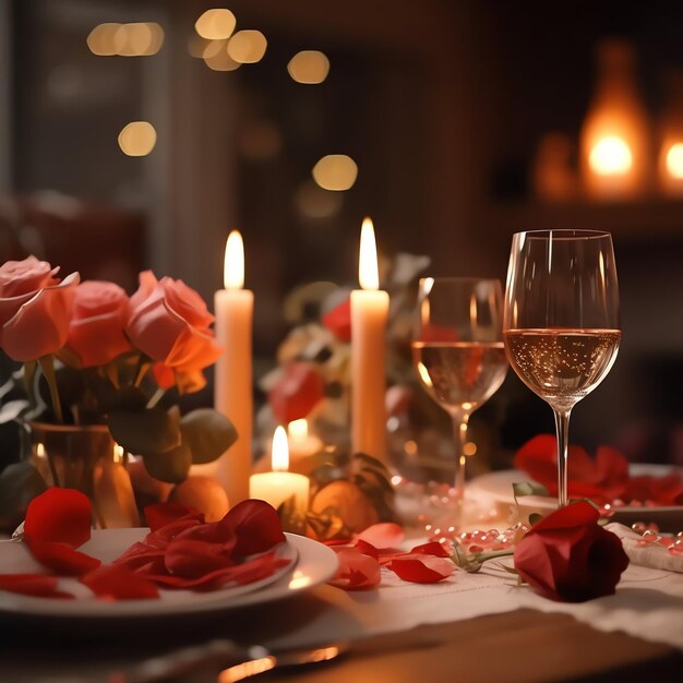 Foto tafel versierd voor een romantisch diner met twee champagneglasjes boeket rode rozen of kaars