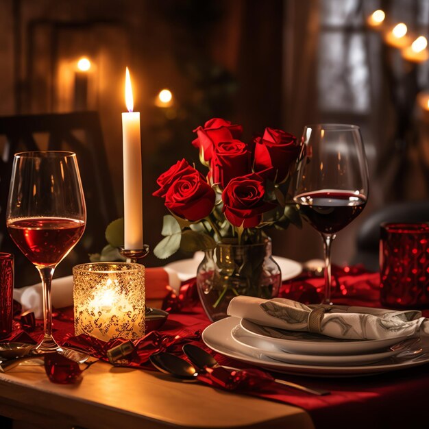 Tafel versierd voor een romantisch diner met twee champagneglasjes boeket rode rozen of kaars