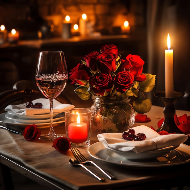 Foto tafel versierd voor een romantisch diner met twee champagneglasjes boeket rode rozen of kaars