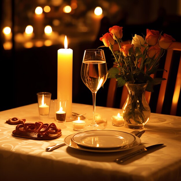 Foto tafel versierd voor een romantisch diner met twee champagneglasjes boeket rode rozen of kaars