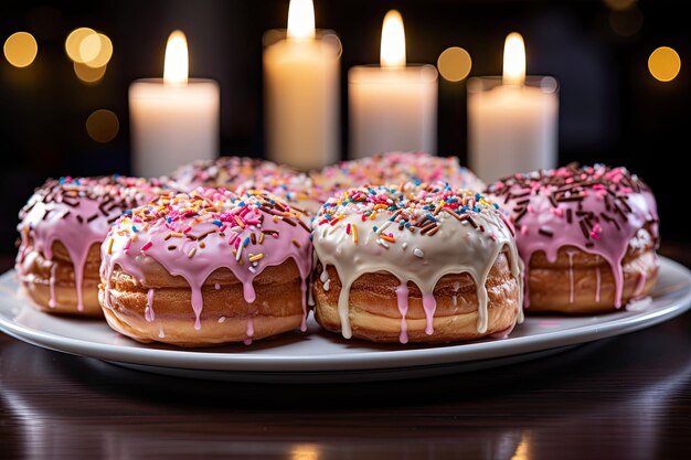 Tafel vol kleurrijke donuts in themafeest generatieve IA