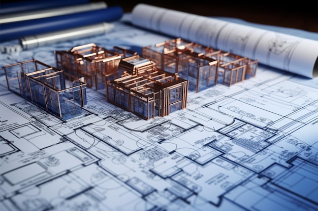 Tafelblad blauwdruk arrangement Gestapelde rollen architectonische ontwerpen toonden creatieve werkruimte