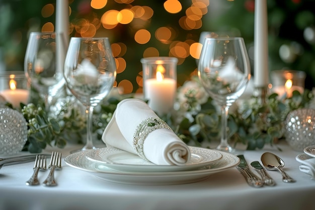 tafelblad op de eettafel met bloemen en servetband professionele reclamefotografie