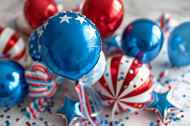 Foto tafeldekoratie voor onafhankelijkheidsdag folie ballonnen met sterren en strepen abstracte achtergrond