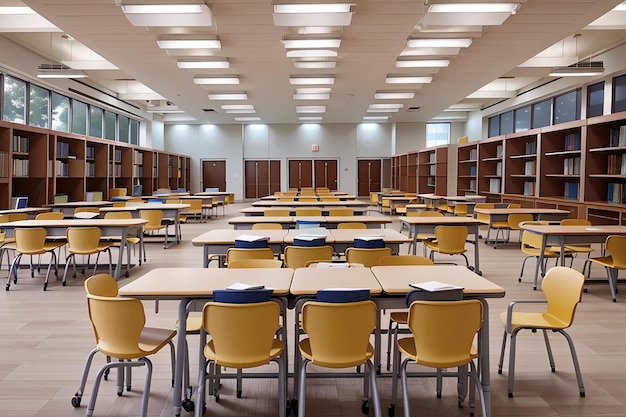 Tafels en stoelen gerangschikt in een lege middelbare schoolbibliotheek