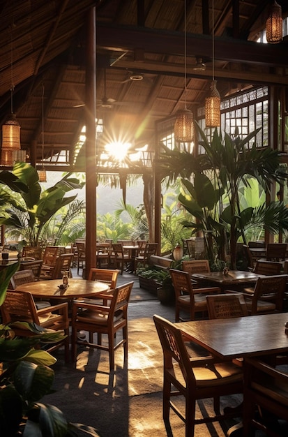 Tafels en stoelen in een restaurant met een zon die door de generatieve ai van de ramen schijnt