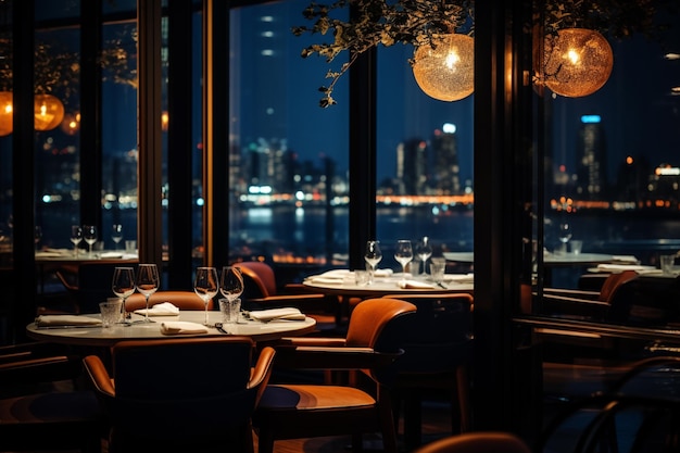 tafels en stoelen in een restaurant met uitzicht op de generatieve ai van de stad