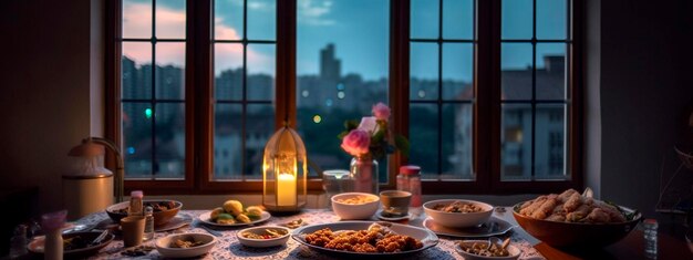 Tafelschikking voor iftar in Ramadan met eettafel bij het raam vanuit het raam zie je de moskee en de jonge maan Generatieve AI