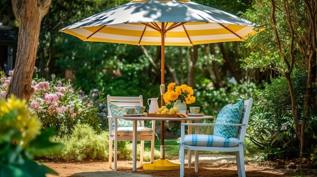 tafelstoelen en parasol buiten in de tuinzomer