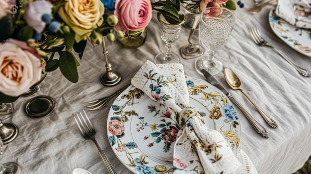 Foto tafelvoorstelling met rozenbloemen en kaarsen voor een feestje of bruiloftsreceptie in de zomertuin