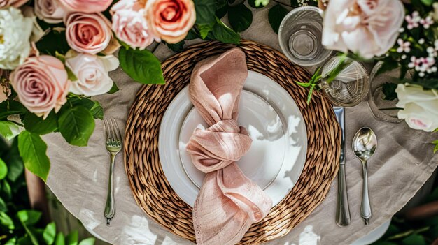 Tafelvoorstelling met rozenbloemen en kaarsen voor een feestje of bruiloftsreceptie in de zomertuin