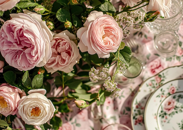 Tafelvoorstelling met rozenbloemen en kaarsen voor een feestje of bruiloftsreceptie in de zomertuin