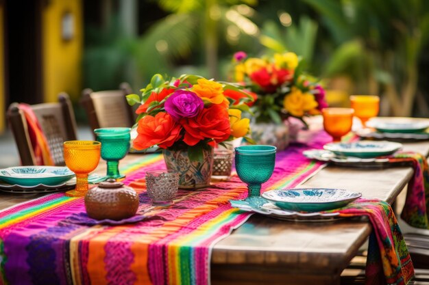 Tafelvorming in Mexicaanse stijl Levendige tafelkleden en kleurrijke bloemenarrangementen Generatieve AI