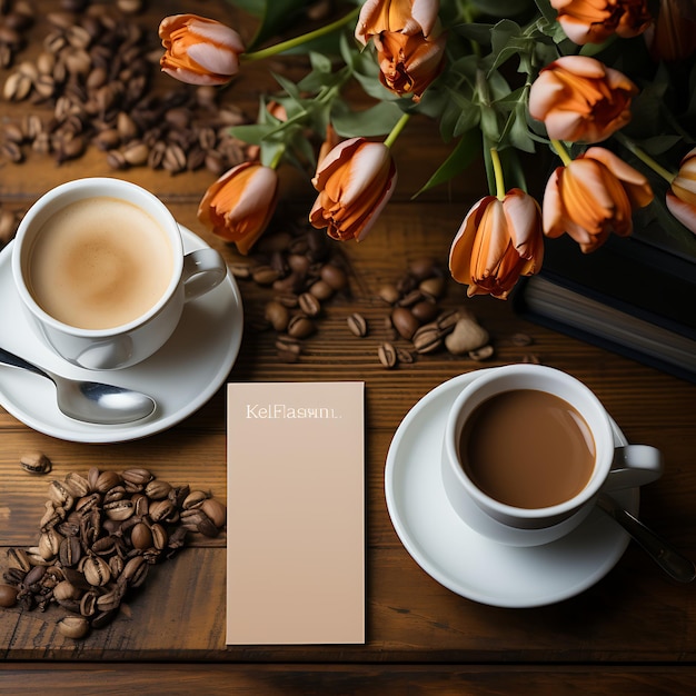 Photo tag card white name card on a wooden table with a cup of coffee and l bussines concept idea