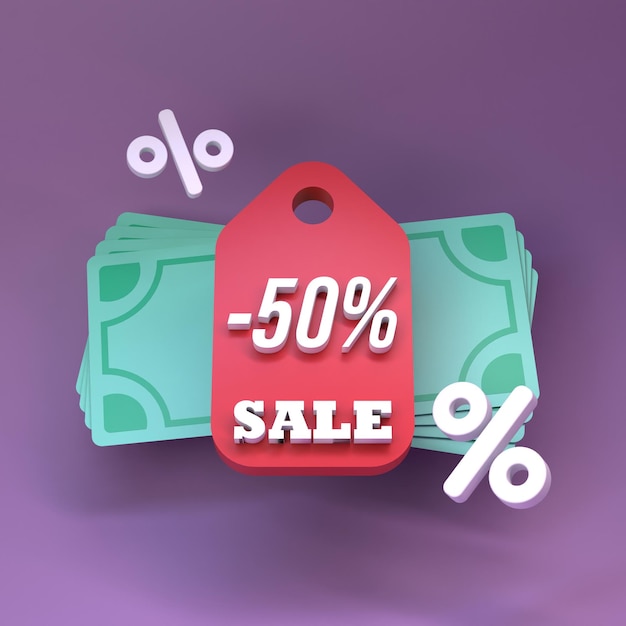 Tag discount 50 percent Sale concept 3d render