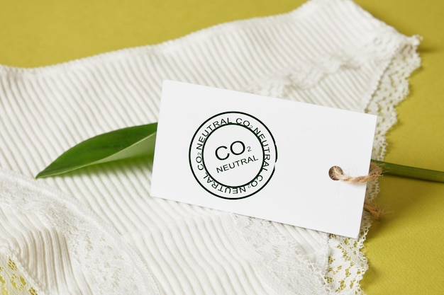 Tag marked co2 neutral and underwear briefs on a green background, green leaves as a symbol of naturalness