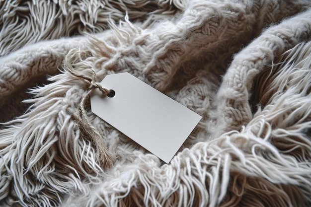 a tag on a pile of white fur