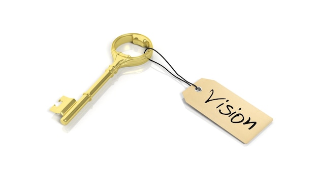 Tag with word Vision on golden retro key isolated on white background