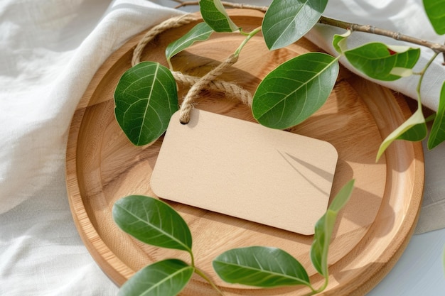 Tag on Wooden Plate with Green Leaves