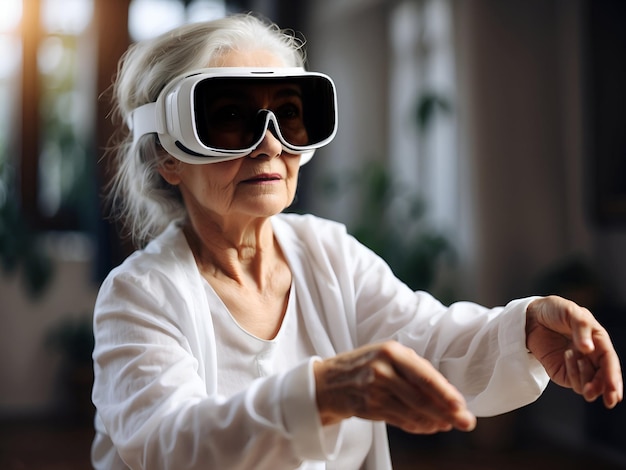 Foto tagged vecchia donna adulta nonna che indossa occhiali di realtà virtuale sviluppo tecnologico