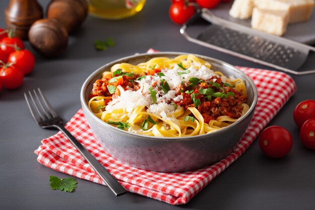 Tagliatelle bolognese with herbs and parmesan, italian pasta