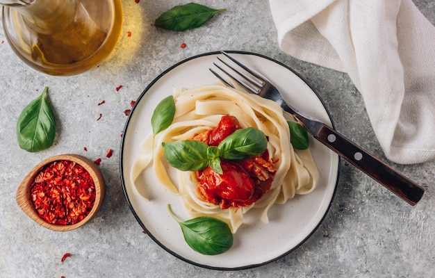 Tagliatelle pasta Bolognese with meat and tomato sauce