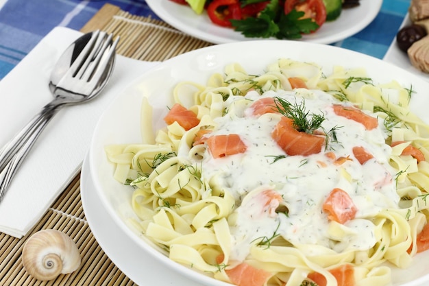 Tagliatelle pasta with cream salmon and anise