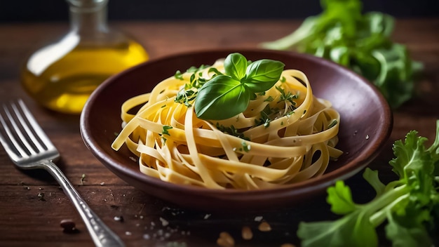 tagliatelle pasta with herbs in a plate