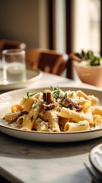 Tagliatelle pasta with mushrooms parsley and Parmesan cheese on wooden table Selective focus