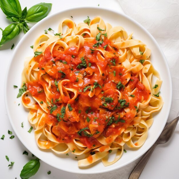 Tagliatelles A la sauce tomate dans une assiette blanche avec un fond