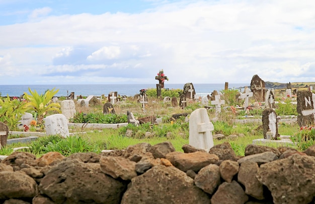 Tahai Cemetery on the West Coast of Easter Island  Pacific Ocean  Chile  South America