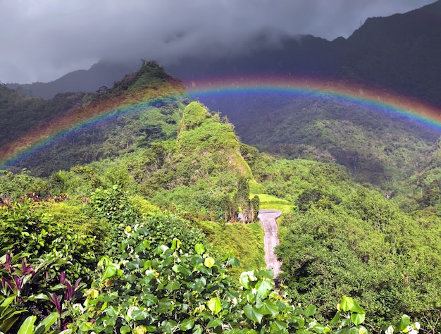 Tahiti. Polynesië. Wolken boven een berg en een regenboog