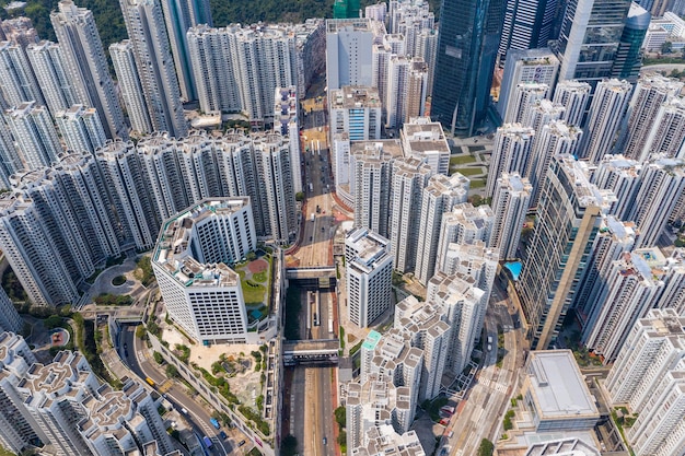 Tai koo, hong kong 19 march 2019: top down view of hong kong\
city