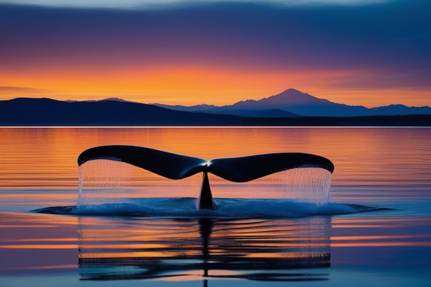 Tail of a humpback whale with flowing water in the ocean backlit by beautiful golden sunset light