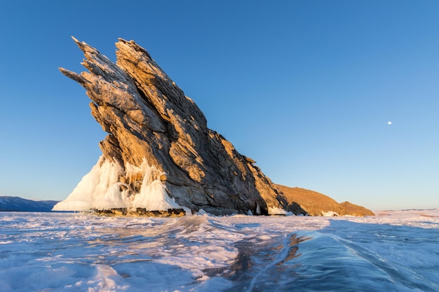 Tail of Ogoi island and ice of Baikal lake in winter. Russia